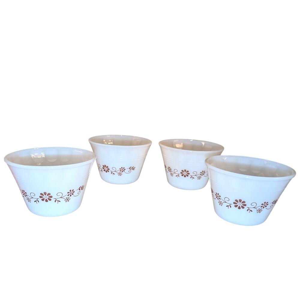 Vintage 1960s Dynaware Pyr-O-Rey Brown Daisy Milk Glass Custard Cups Set of Four